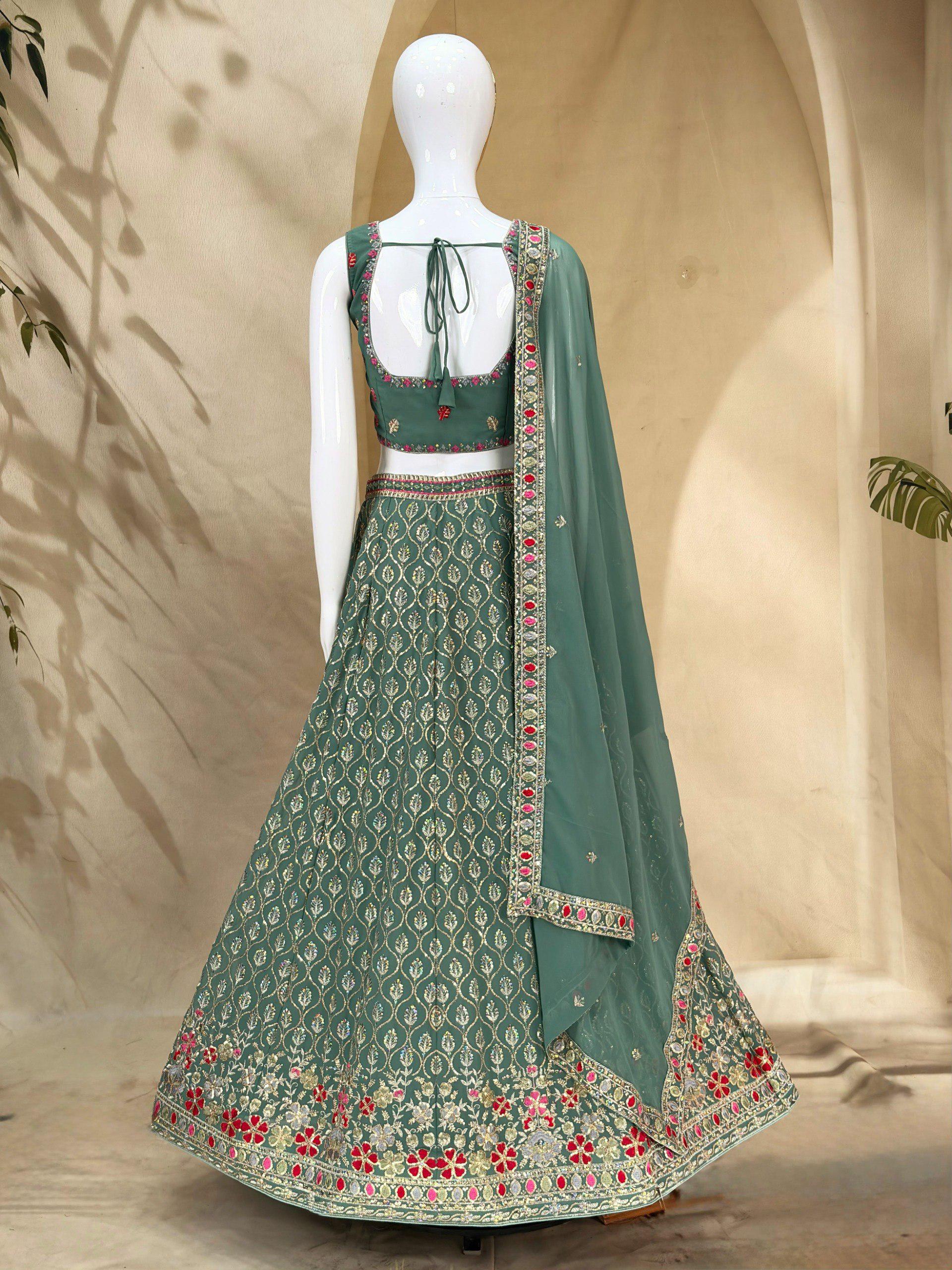 Designer Indian Wedding Lehenga Choli: Mint Green Georgette Embroidery (Made To Order) Customize Size