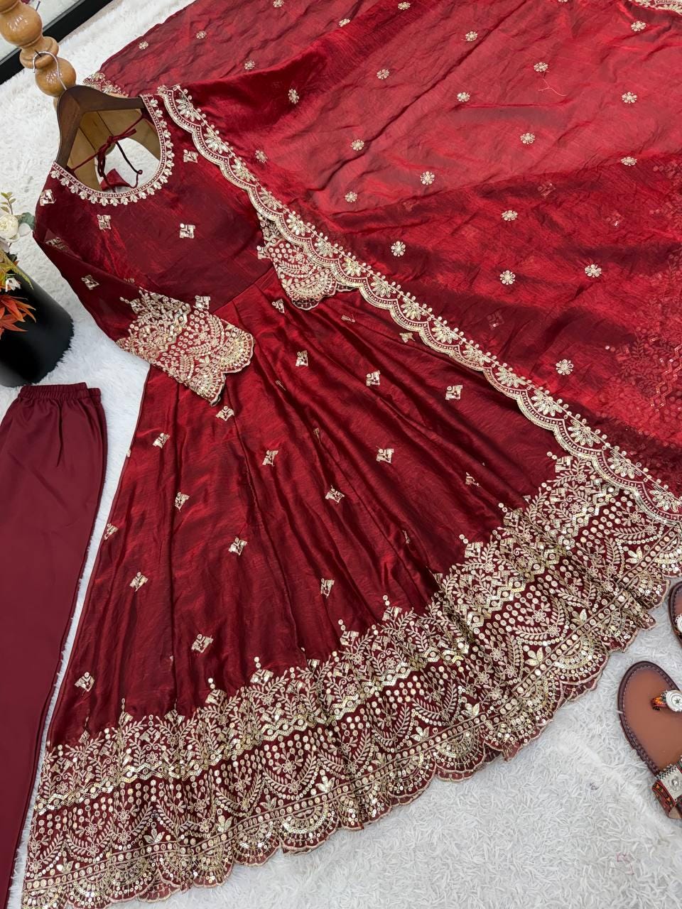 Maroon Pure Fendy Silk Gown Set | Sequence Embroidery Party Wear Dress