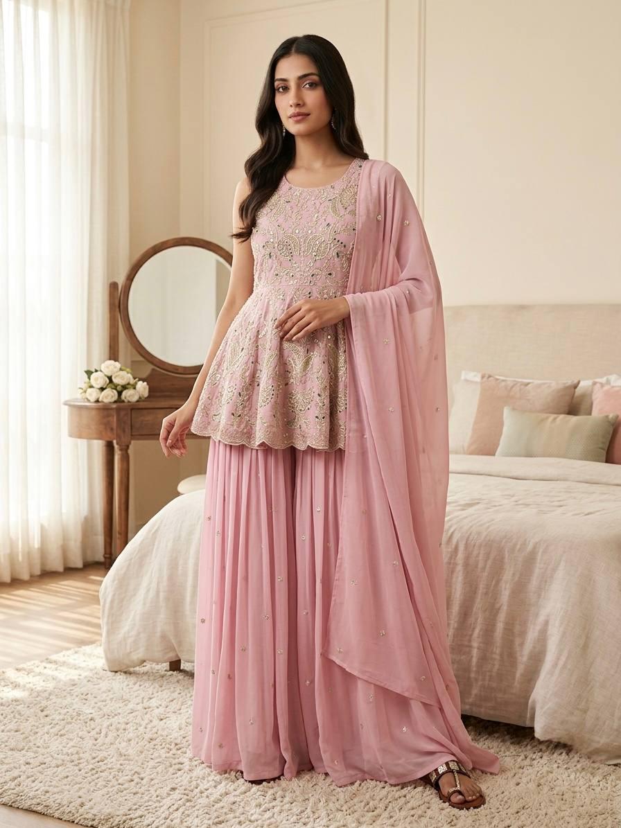 Mauve Purple Embroidered Faux Georgette Top & Lehenga Set | Wedding Guest Dress