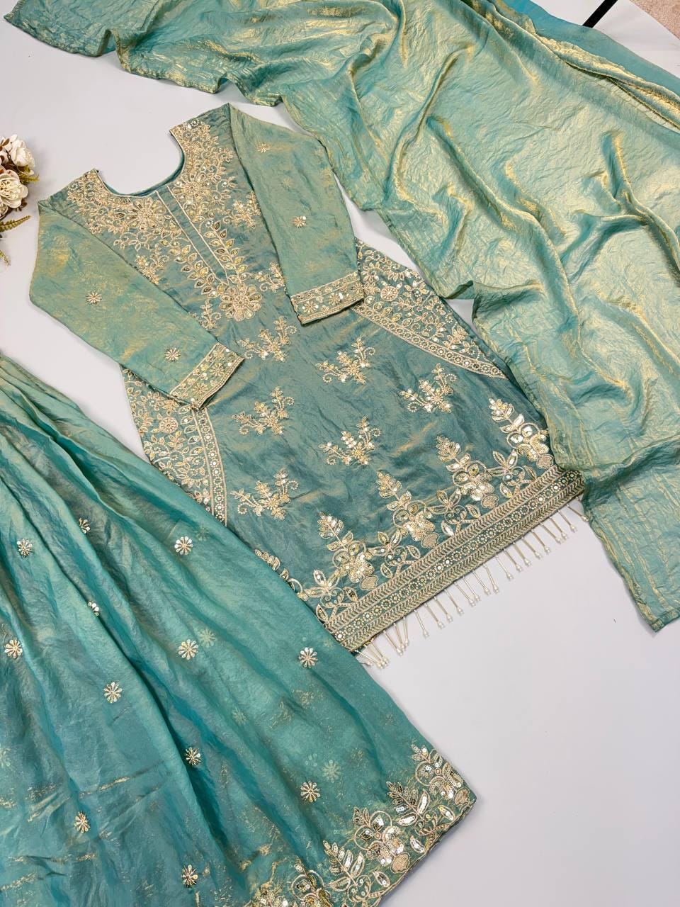Designer Dusty Green Silk Embroidered Salwar Set with Dupatta | Wedding Party Wear