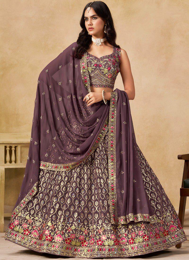 Designer Indian Wedding Lehenga Choli: Dark Brown Georgette Embroidery (Made To Order)