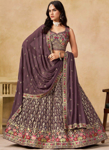 Designer Indian Wedding Lehenga Choli: Dark Brown Georgette Embroidery (Made To Order)