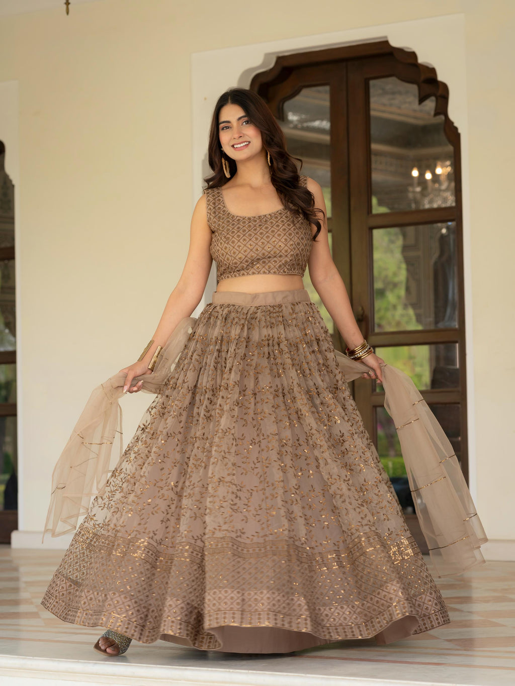 Muted Beige Net Lehenga Choli Set: Zari Sequence Embroidery Indian Wedding Outfit