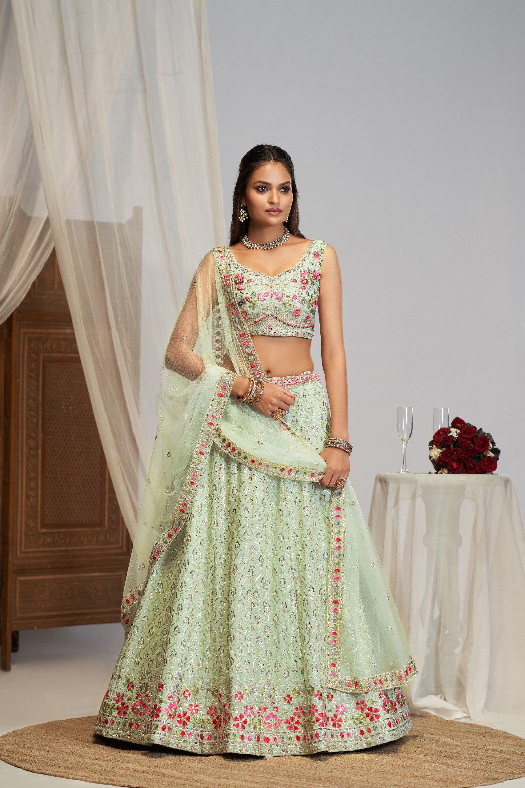 Designer Indian Wedding Lehenga Choli Set: White Georgette Embroidery (Made To Order) Stitched Blouse