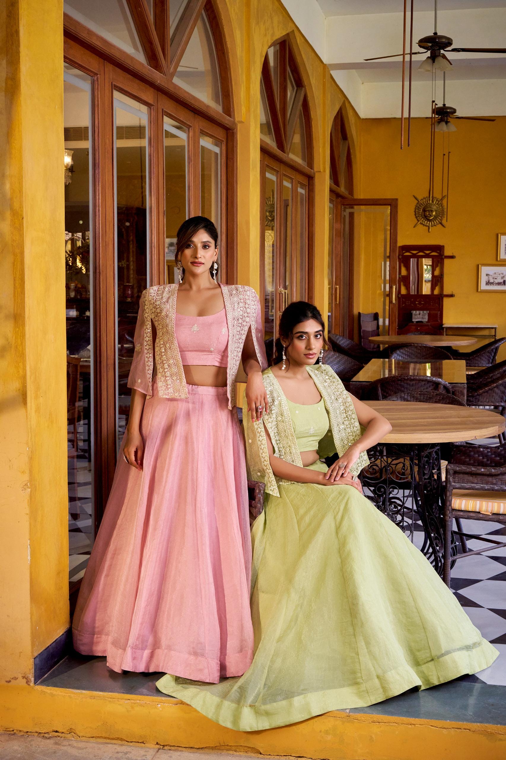 3-Piece Lehenga Choli with Koti Jacket & Sequin Embroidery
