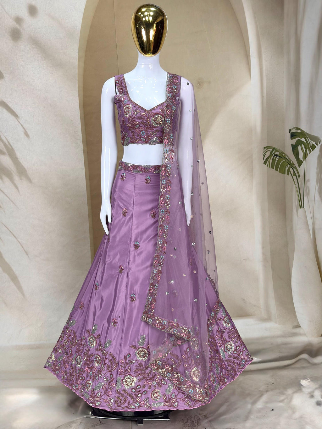 Dusty Purple Embroidered Lehenga Choli Set, French Crepe Dupatta, Wedding Wear
