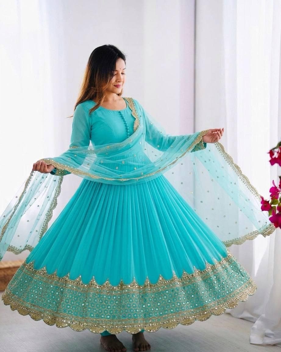 Embroidered Anarkali Gown Set, Faux Georgette Sequence Work, Ready to Wear Ethnic Dress