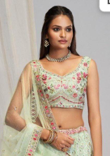 Designer Indian Wedding Lehenga Choli Set: White Georgette Embroidery (Made To Order) Stitched Blouse