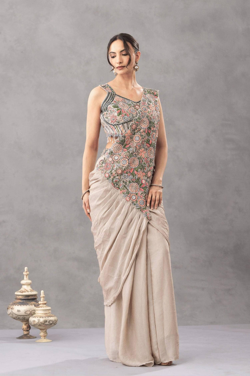 Ready-to-Wear White Chinon Silk Saree with Sequin Work