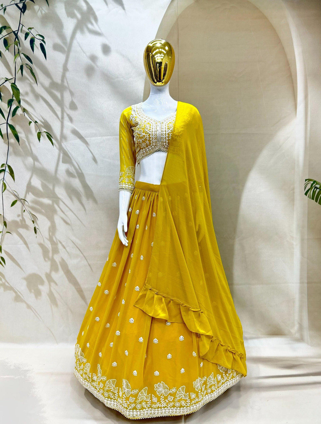 Designer Indian Wedding Lehenga Choli Dupatta: Mustard Yellow Georgette Embroidery Sequins (Made To Order)