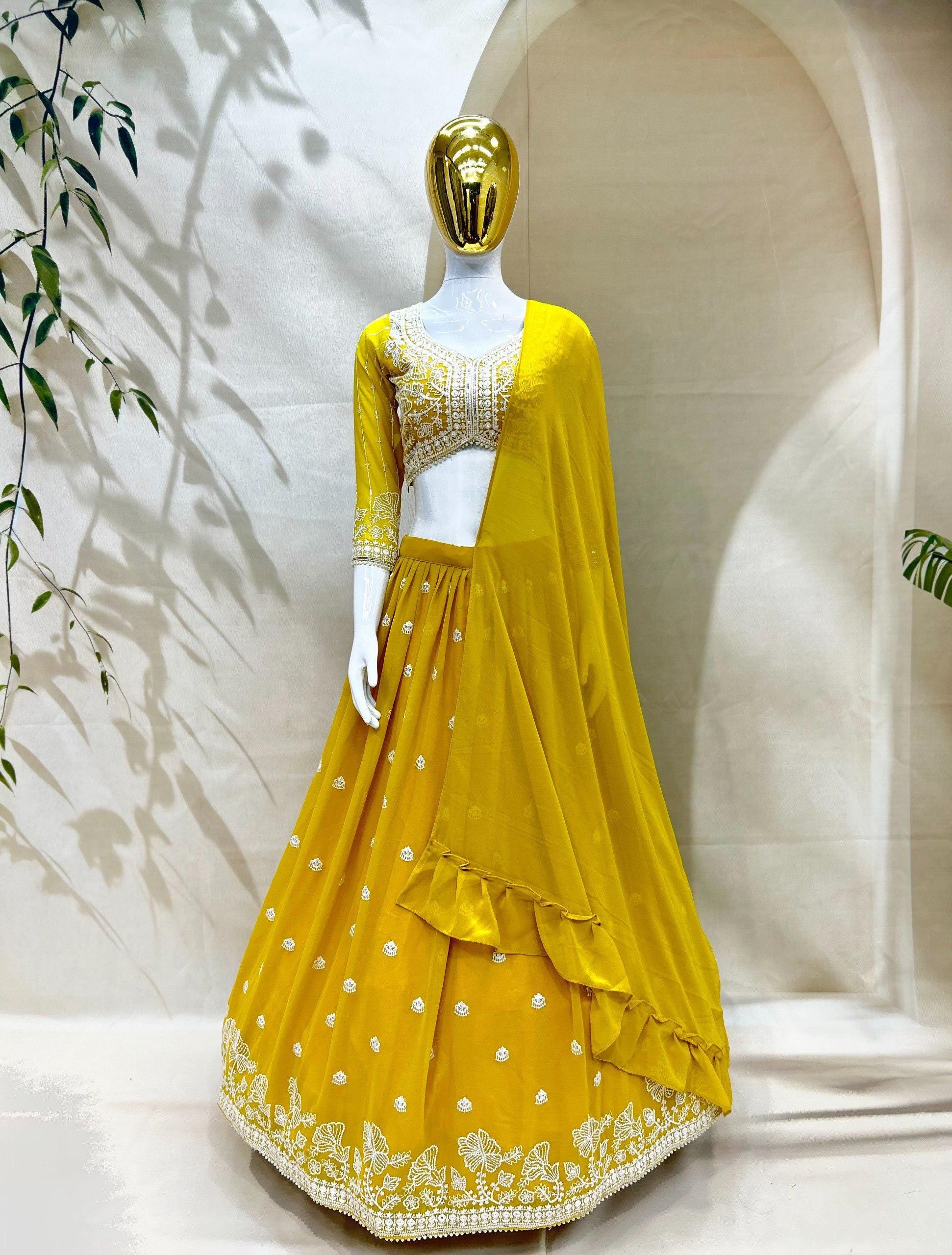 Designer Indian Wedding Lehenga Choli Dupatta: Mustard Yellow Georgette Embroidery Sequins (Made To Order)