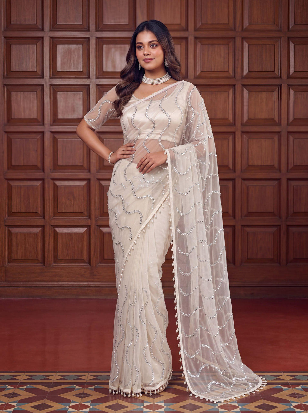White Soft Net Saree with Beadwork & Cutwork Border