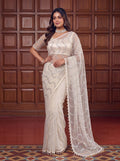 White Soft Net Saree with Beadwork & Cutwork Border