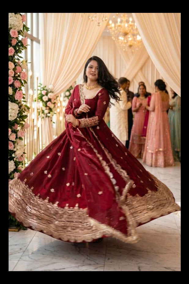 Maroon Pure Fendy Silk Gown Set | Sequence Embroidery Party Wear Dress