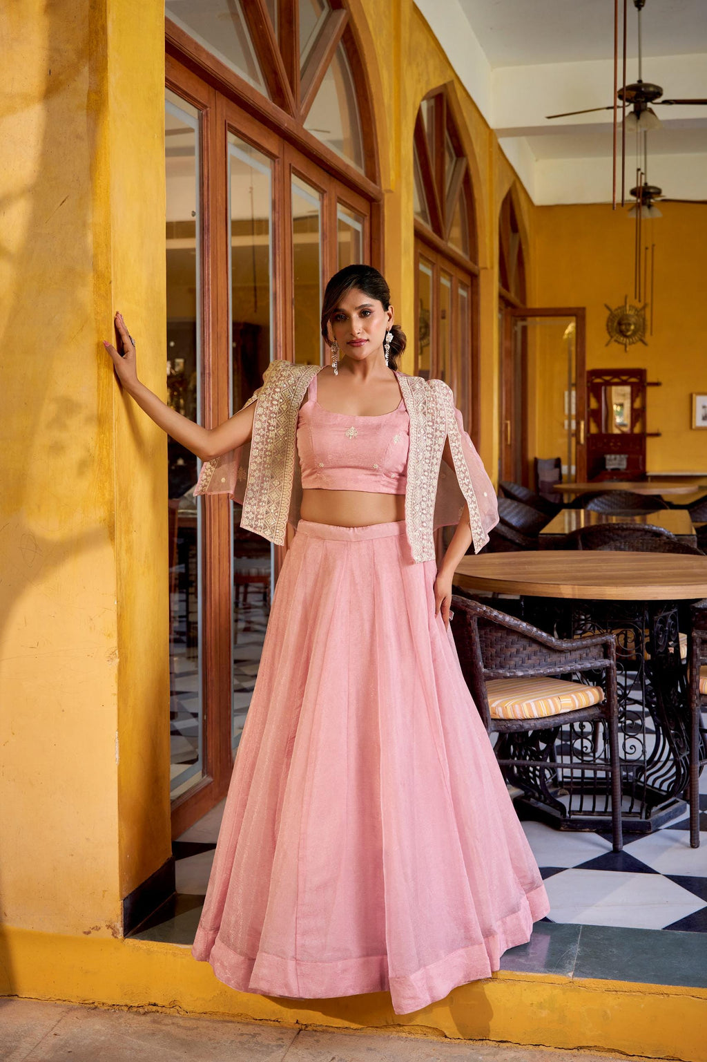 3-Piece Lehenga Choli with Koti Jacket & Sequin Embroidery