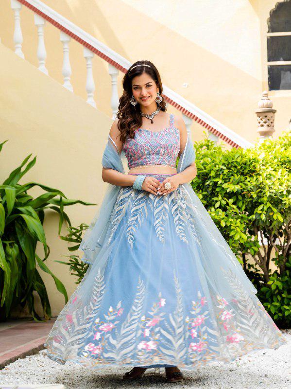 Designer Indian Wedding Lehenga Choli: Sky Blue Soft Net Embroidery Custom Stitched Blouse