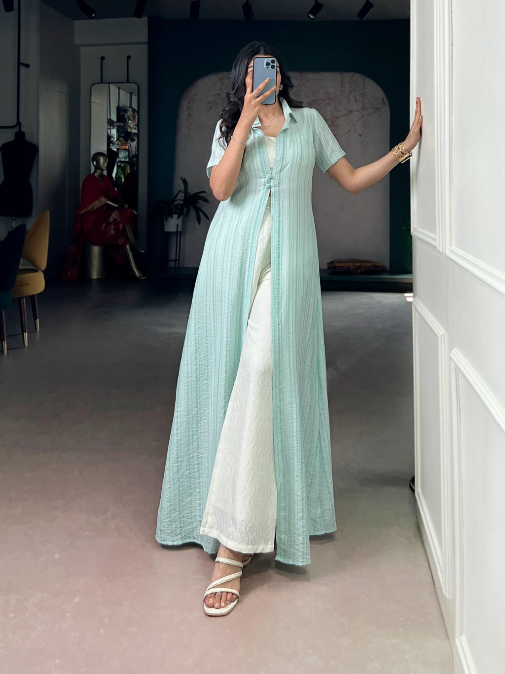 3 Piece Orchid Co Ord Set, Striped Long Shrug Jacket, Indowestern Palazzo Outfit