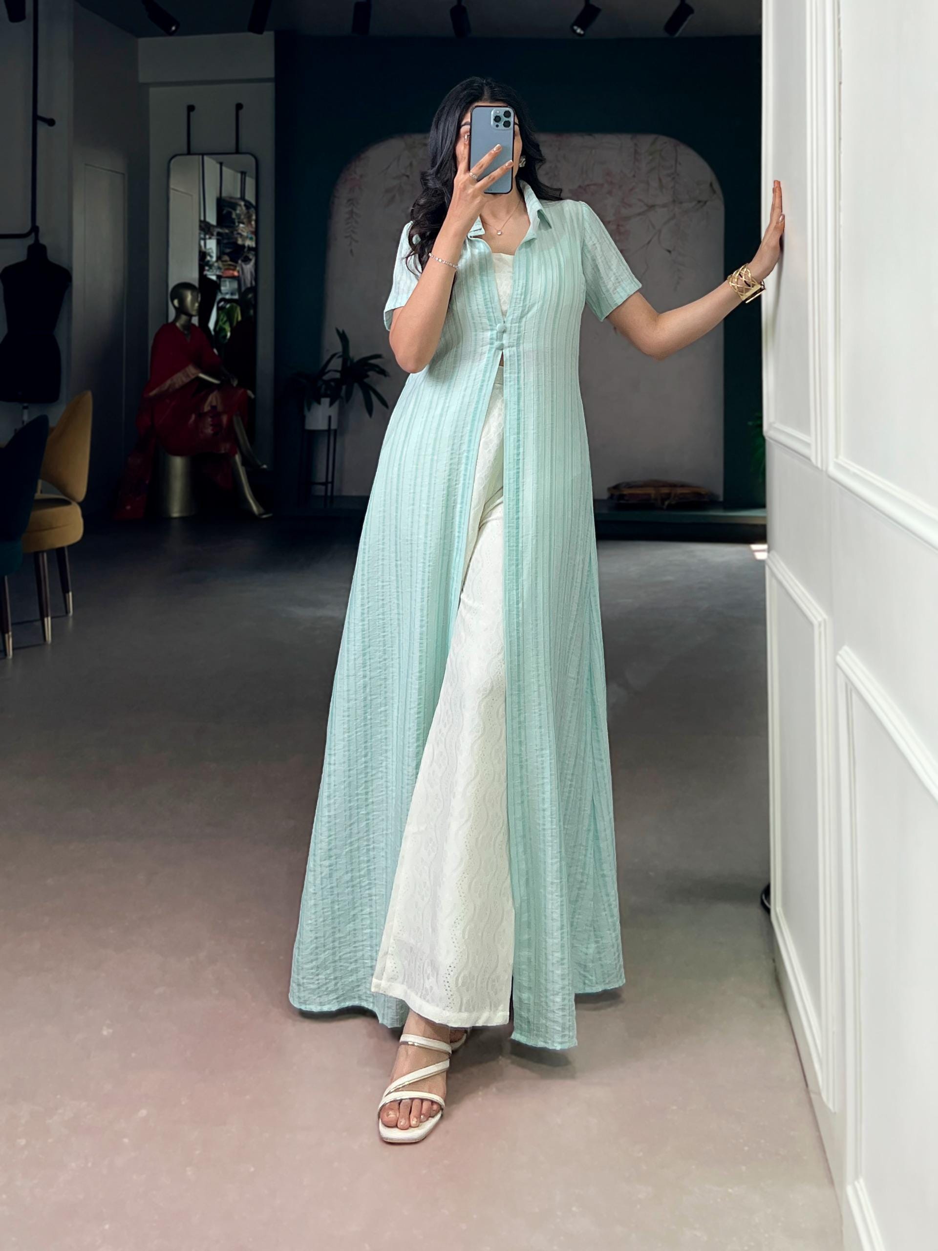 3 Piece Orchid Co Ord Set, Striped Long Shrug Jacket, Indowestern Palazzo Outfit