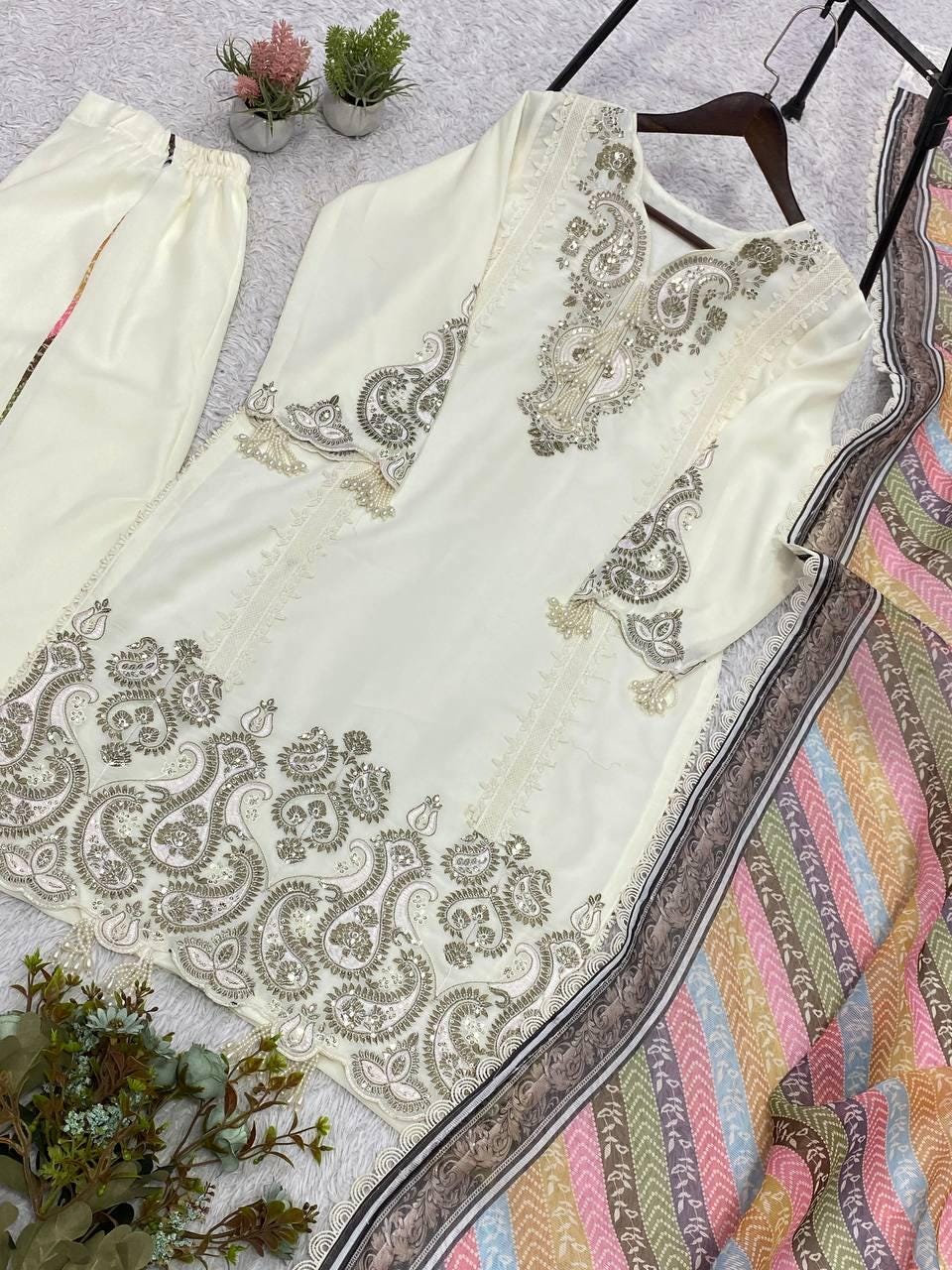 Star Georgette Sequence Embroidery Top Palazzo Set | Printed Organza Dupatta, Indian Wedding Wear