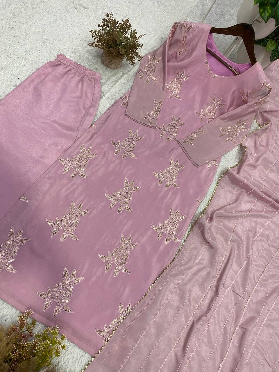 Purple Chinon Suit Set | Sequence Embroidery Kurta Pants Dupatta | Indian Party Wear Ethnic Dress