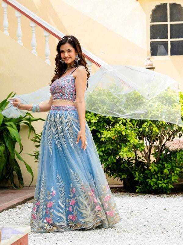 Designer Indian Wedding Lehenga Choli: Sky Blue Soft Net Embroidery Custom Stitched Blouse