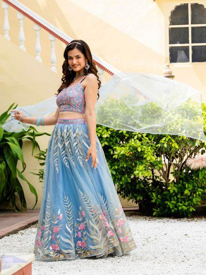 Designer Indian Wedding Lehenga Choli: Sky Blue Soft Net Embroidery Custom Stitched Blouse