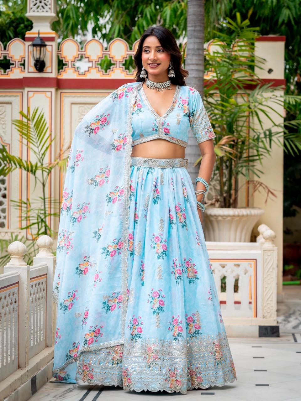 Designer Indian Wedding Lehenga Choli: Sky Blue Georgette Embroidery (Made To Order) Customize Size
