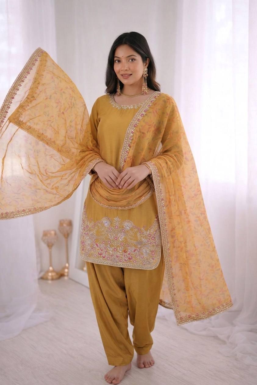 Yellow French Crepe Silk Embroidered Top, Bottom, Dupatta Set (Ready to Wear)