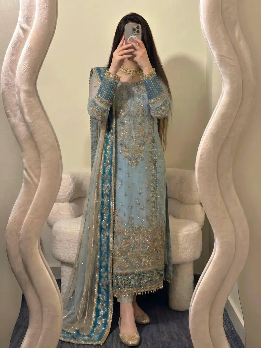 Teal Blue Fox Georgette Suit Set: Heavy Embroidery Sequence Work, Stitched Punjabi Salwar Kameez