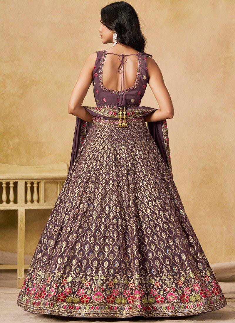Designer Indian Wedding Lehenga Choli: Dark Brown Georgette Embroidery (Made To Order)