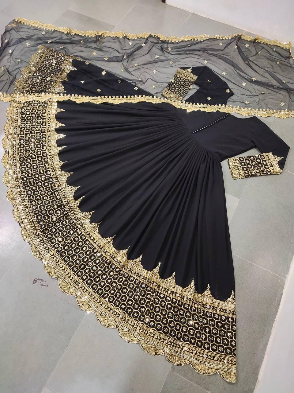 Black Embroidered Anarkali Gown Set, Faux Georgette Sequence Work, Party Wear Ethnic Dress