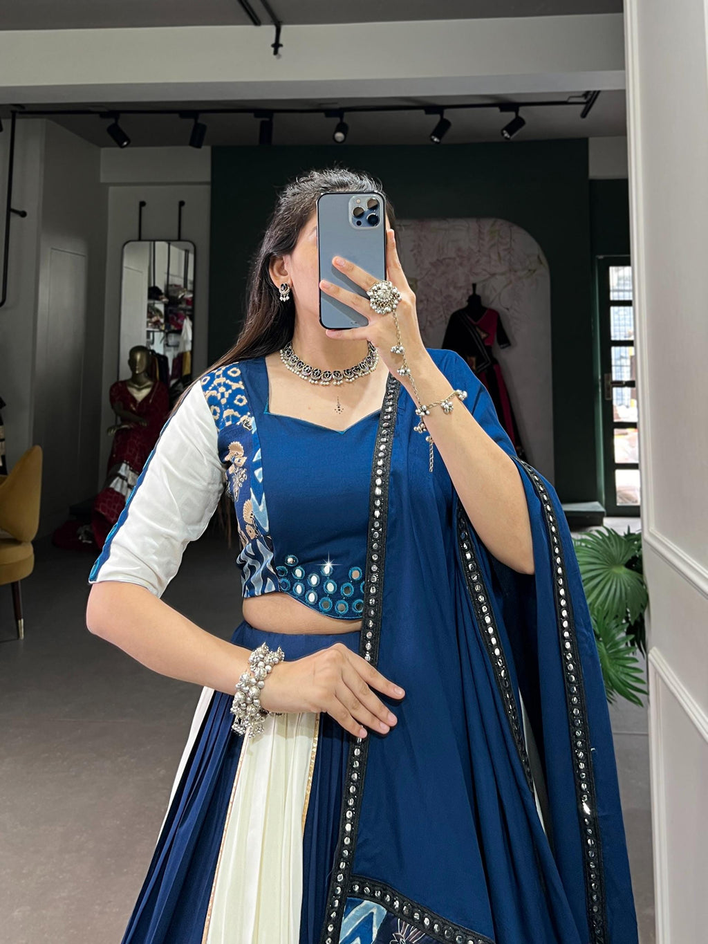 White Blue Mirror Work Lehenga Choli Set | Pure Rayon Dupatta Ensemble