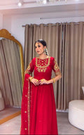 Pure Red Fox Georgette 5mm Sequence Embroidery Gown Pant Set | Stitched Anarkali Suit | Indian Wedding Party Wear Dress for Women