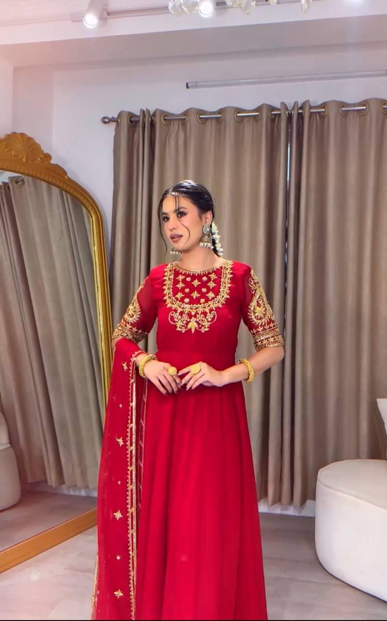 Pure Red Fox Georgette 5mm Sequence Embroidery Gown Pant Set | Stitched Anarkali Suit | Indian Wedding Party Wear Dress for Women