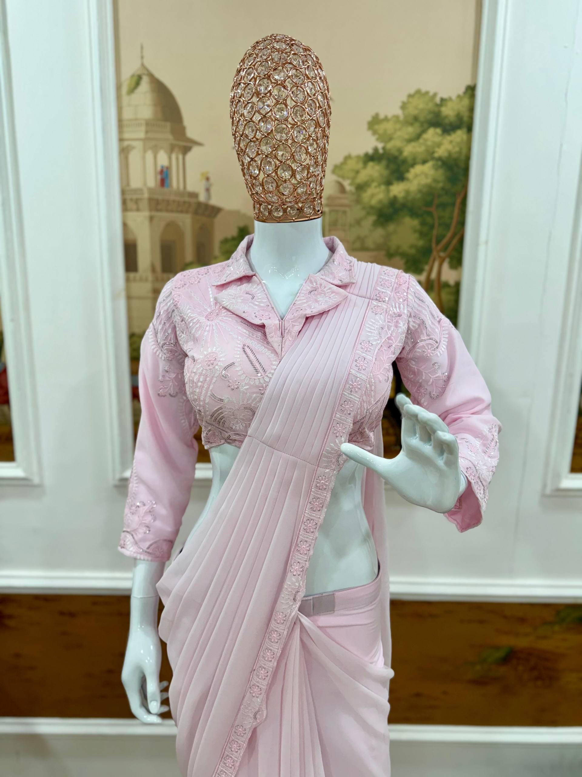 Ready-to-Wear Baby Pink Georgette Drape Saree with Sequins Work Custom Stitch Blouse