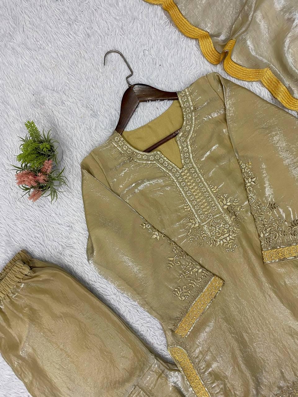 Indian Festival Designer Beige Gold Fendy Silk Sequence Embroidery Work Top, Palazzo & Dupatta Set