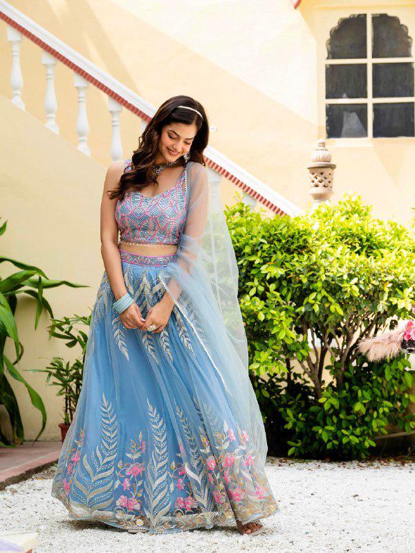 Designer Indian Wedding Lehenga Choli: Sky Blue Soft Net Embroidery Custom Stitched Blouse