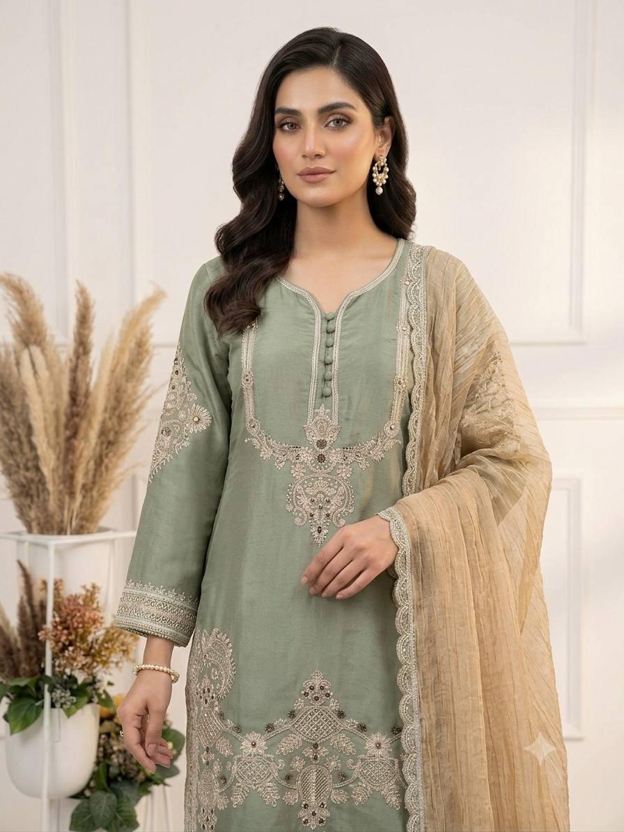 Designer Sage Green Glass Satin Kurta Set with Dupatta | Embroidered Indian Wedding Party Wear