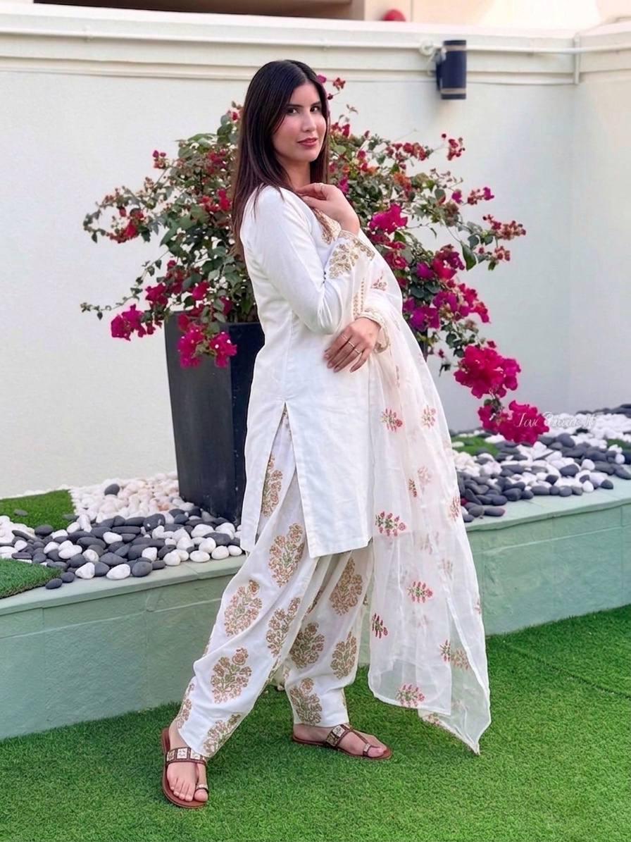 White Crepe Silk Salwar Kameez, Sequence Embroidery, Ready-to-Wear Indian Outfit, Farshi Pant