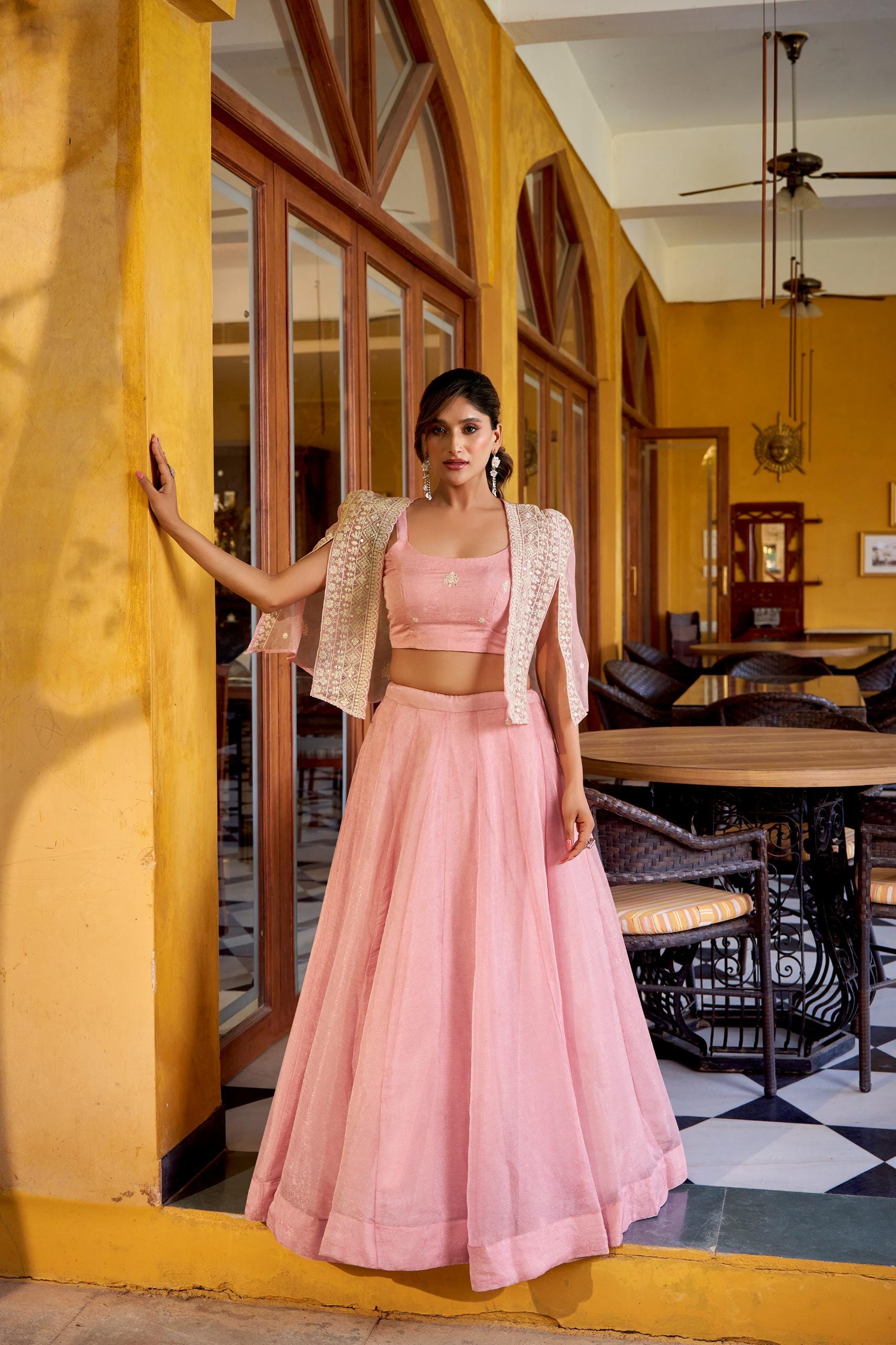 3-Piece Lehenga Choli with Koti Jacket & Sequin Embroidery