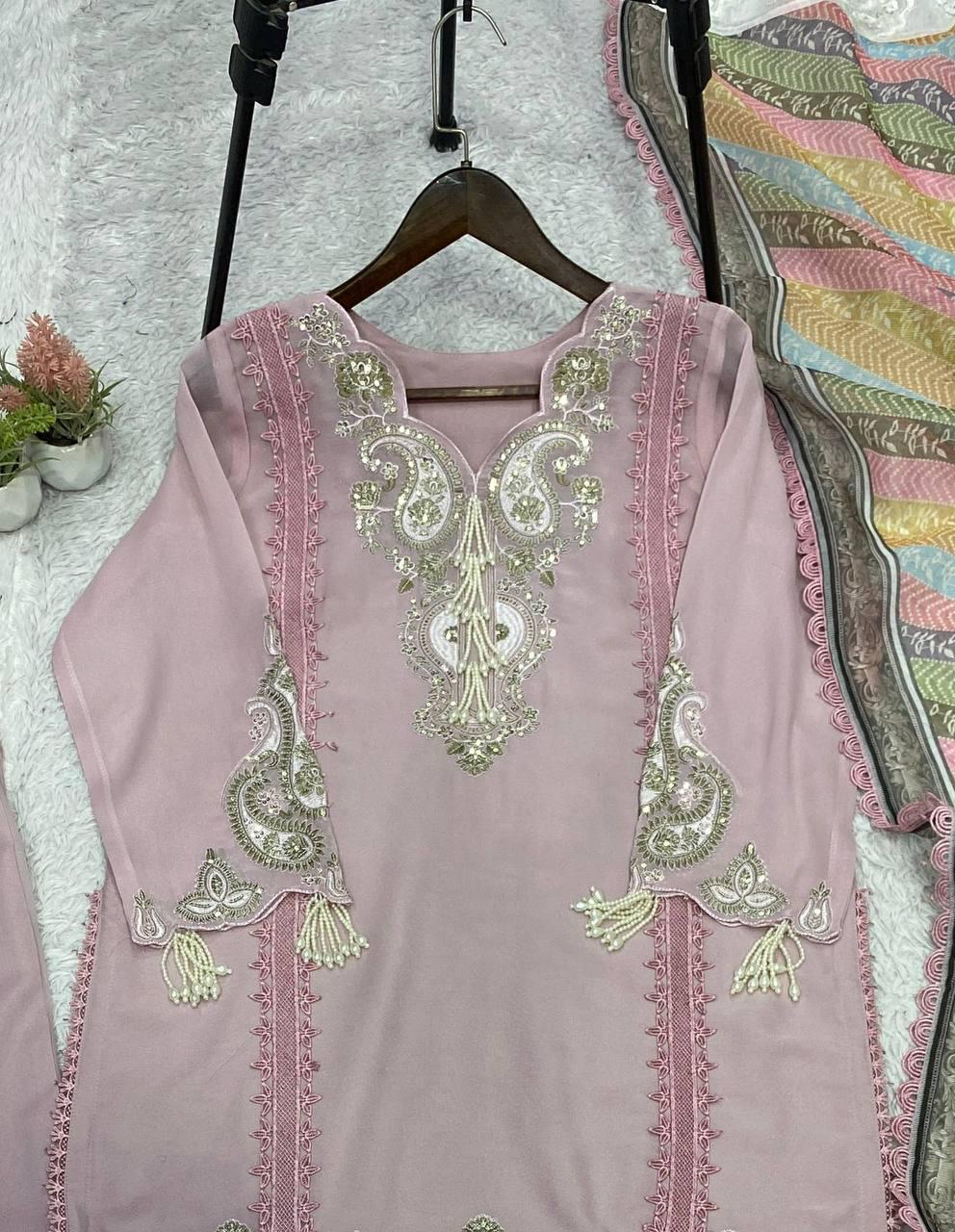 Baby Pink Star Georgette Top Palazzo Set | Sequence Embroidery, Printed Organza Dupatta