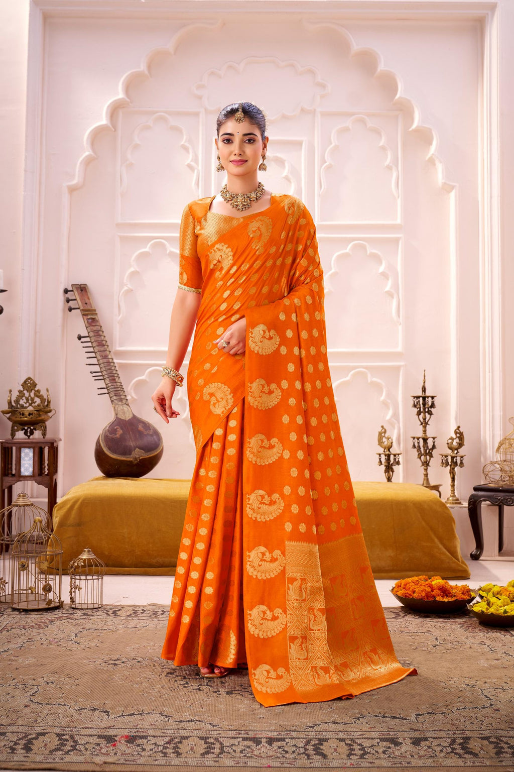 Firozi Green Pure Lichi Silk Saree — South Indian Style