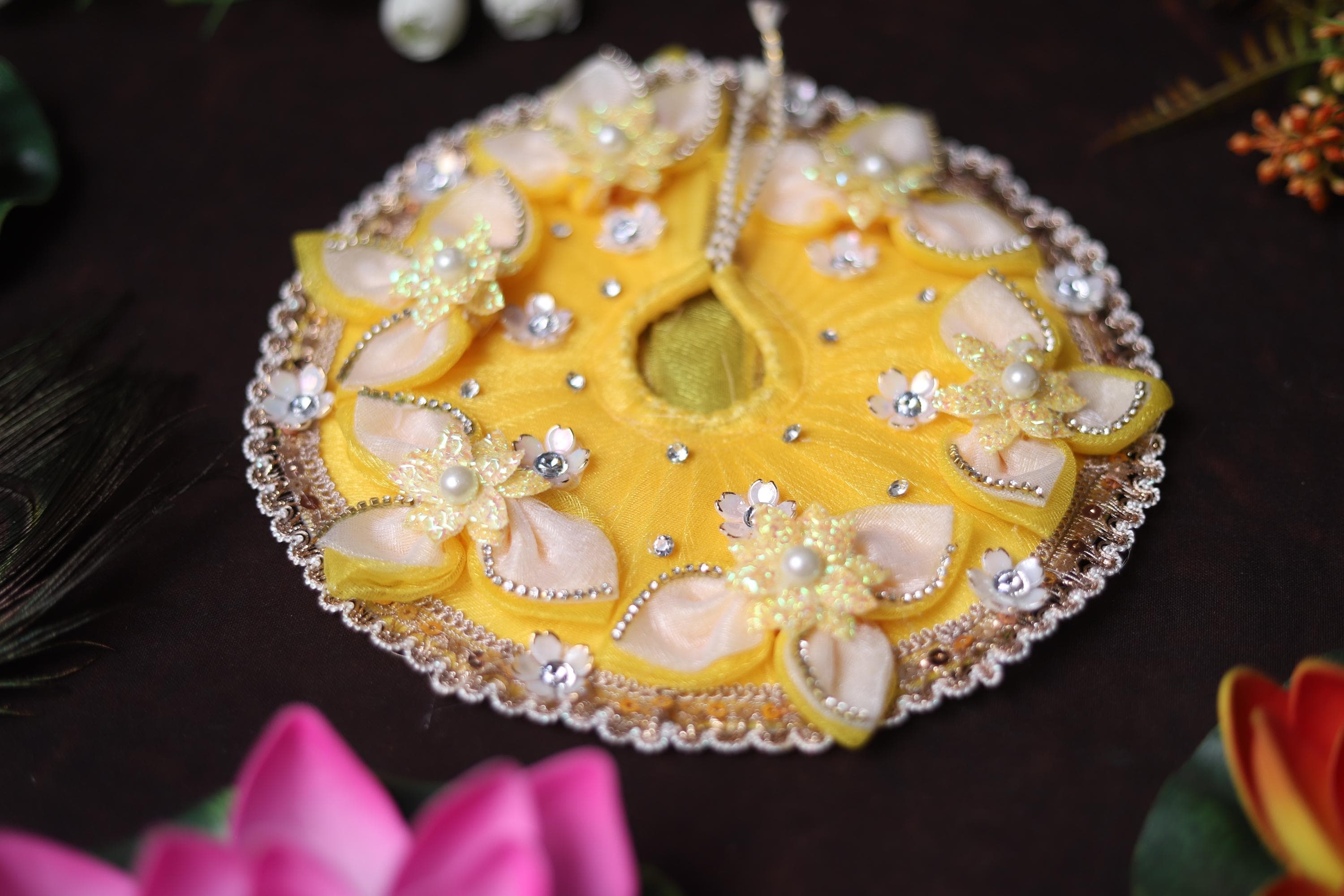 Handcrafted Yellow Kanha Ji Poshak: Floral Stone Pearl Work Festive Dress