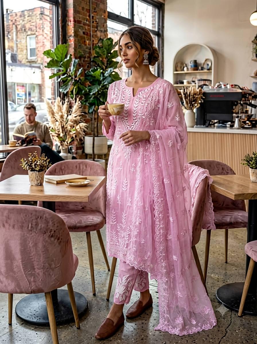 Pink Jimmy Choo Fabric Embroidered Kurta Salwar Set with Dupatta | Festive Indian Wear