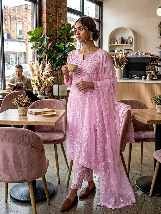 Pink Jimmy Choo Fabric Embroidered Kurta Salwar Set with Dupatta | Festive Indian Wear