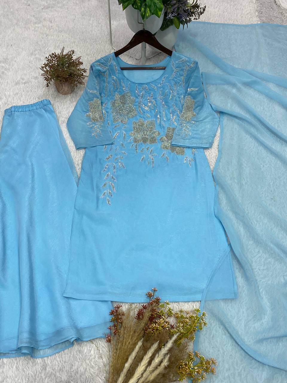 Designer Firozi Blue Embroidered Salwar Set with Dupatta | Wedding Party Wear Custom Stitched