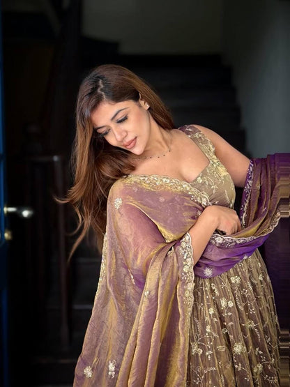 Dusty Purple Fendy Silk Gown Set with Sequence Embroidery (Ready to Wear)