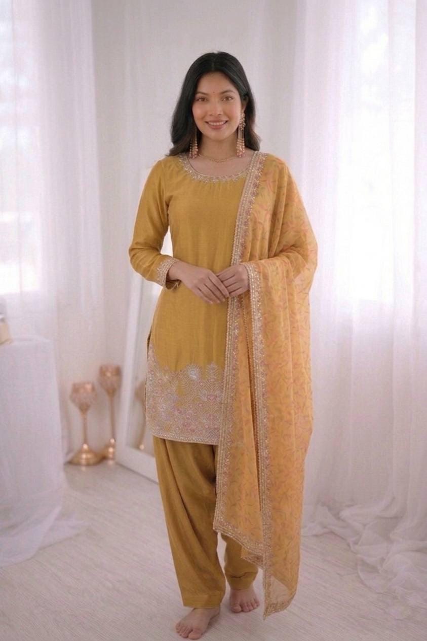 Yellow French Crepe Silk Embroidered Top, Bottom, Dupatta Set (Ready to Wear)