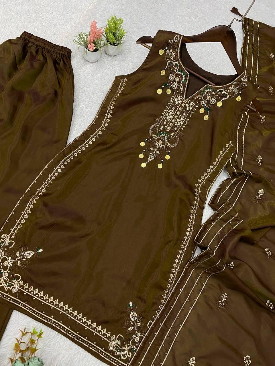 Dark Olive Cose Moss Salwar Suit | Sequence Embroidery, Bead-Coins Tassels