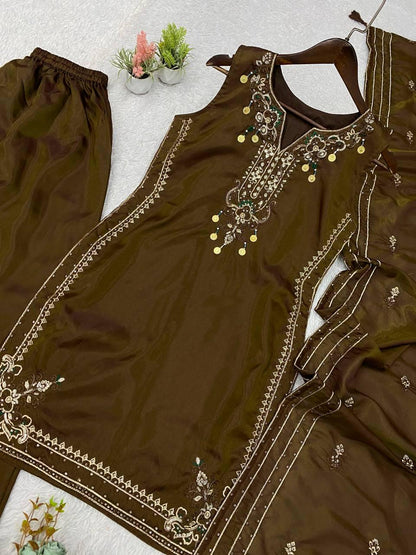 Dark Olive Cose Moss Salwar Suit | Sequence Embroidery, Bead-Coins Tassels